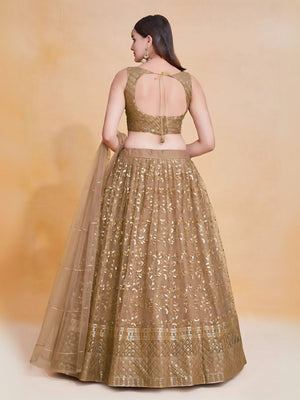 Rajwada Brown Net Embroidered Semi-Stitched Lehenga For Women