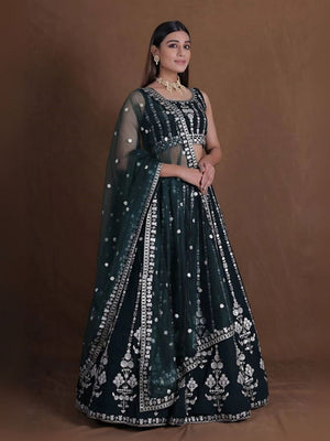Rajwada Dark Green Georgette Embroidered Semi-Stitched Lehenga For Women