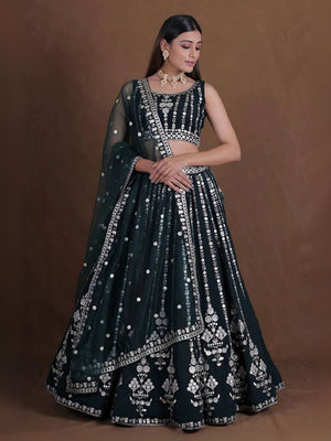 Rajwada Dark Green Georgette Embroidered Semi-Stitched Lehenga For Women