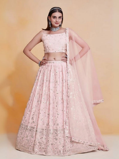 Rajwada Light Pink Georgette Embroidered Semi-Stitched Lehenga For Women