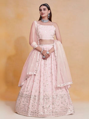Rajwada Light Pink Georgette Embroidered Semi-Stitched Lehenga For Women
