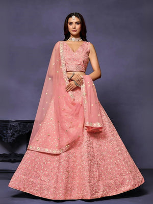 Rajwada Peach Silk Blend Embroidered Semi-Stitched Lehenga For Women