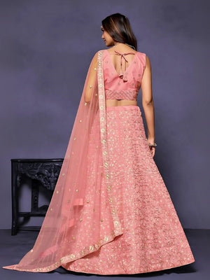 Rajwada Peach Silk Blend Embroidered Semi-Stitched Lehenga For Women