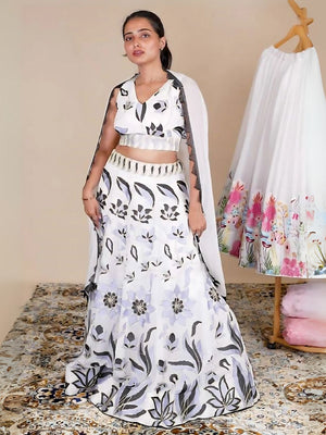Rajwada White Georgette Embroidered Semi-Stitched Lehenga For Women