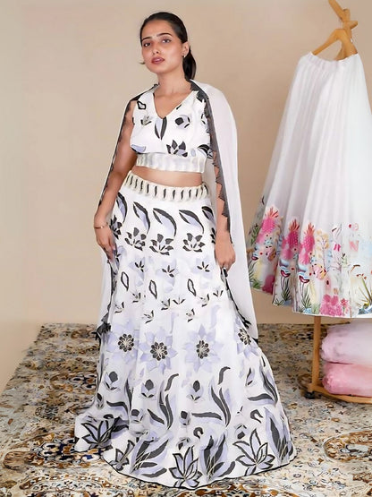 Rajwada White Georgette Embroidered Semi-Stitched Lehenga For Women