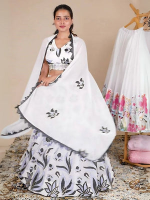 Rajwada White Georgette Embroidered Semi-Stitched Lehenga For Women