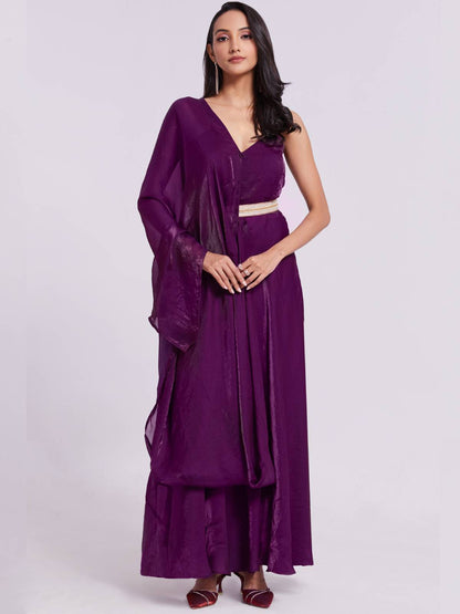 Rajwada Wine Organza Solid Stitched Kurta Set For Women