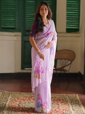 Rajwada Pink Organza Printed Saree With Unstitched Blouse For Women