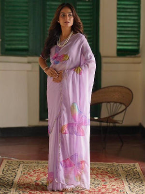 Rajwada Pink Organza Printed Saree With Unstitched Blouse For Women