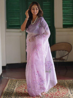 Rajwada Lavender Organza Printed With unstitched Blouse For Women
