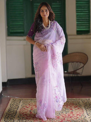 Rajwada Lavender Organza Printed With unstitched Blouse For Women