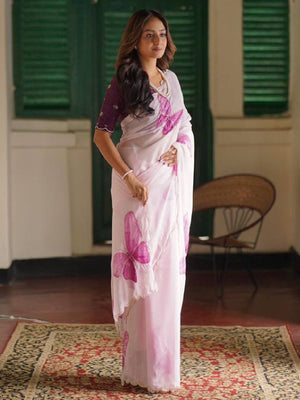 Rajwada Pink Organza Printed Saree With Unstitched Blouse For Women