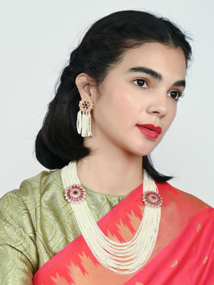 Rajwada White And Pink Alloy Beaded Pearl Jewellery Set For Women