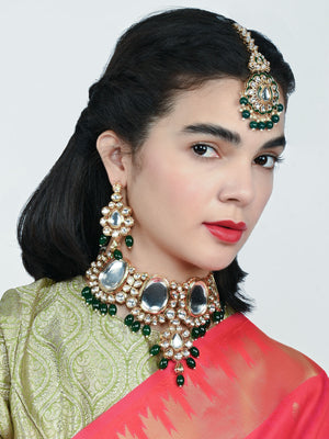 Rajwada Green And Golden Alloy Beaded Pearl And Kundan Jewellery Set For Women
