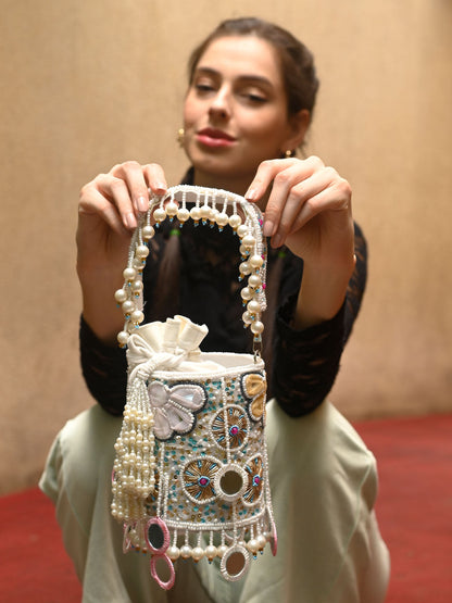 Rajwada White Suede Embellished Potli For Women