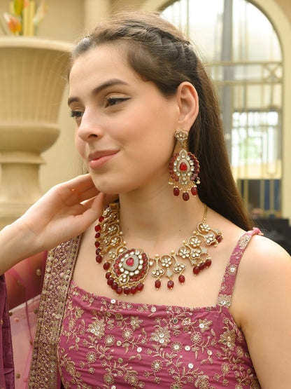 Rajwada Maroon Mixed Metal Embellished Neck Piece Set For Women