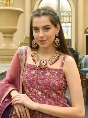 Rajwada Maroon Mixed Metal Embellished Neck Piece Set For Women