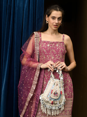 Rajwada White Suede Embellished Potli For Women