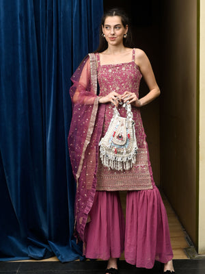 Rajwada White Suede Embellished Potli For Women