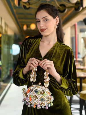 Rajwada Multicolor Suede Embellished Hand Bag For Women