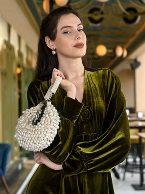Rajwada Off White Suede Embellished Hand Bag For Women