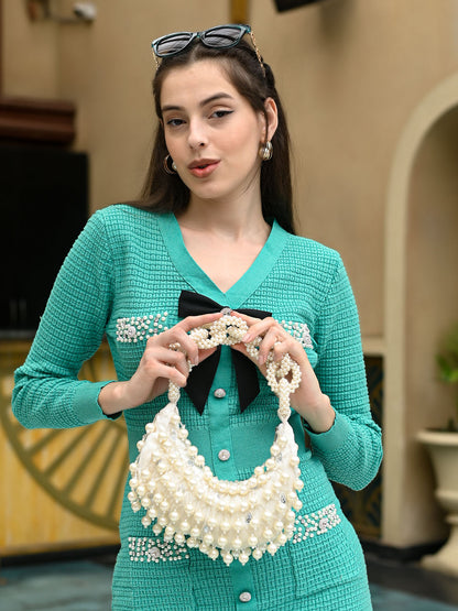 Rajwada Off White Suede Embellished Hand Bag For Women