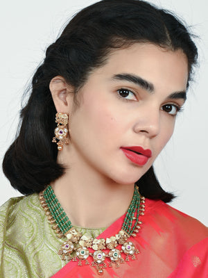 Rajwada Green And Golden Alloy Beaded Pearl Jewellery Set For Women