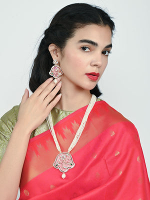 Rajwada White And Pink Alloy Beaded Pearl Jewellery Set For Women