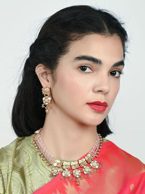 Rajwada Pink And Golden Alloy Beaded Pearl Jewellery Set For Women