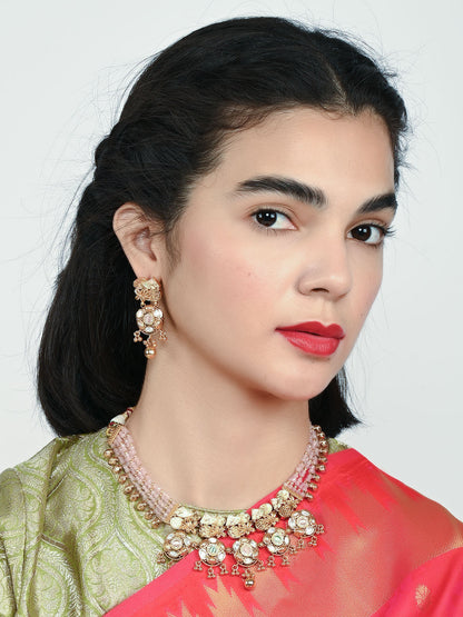 Rajwada Pink And Golden Alloy Beaded Pearl Jewellery Set For Women