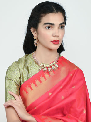 Rajwada Pink And Golden Alloy Beaded Pearl Jewellery Set For Women