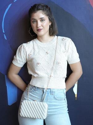 Rajwada Off White Jute Beads Embellished Clutch For Women