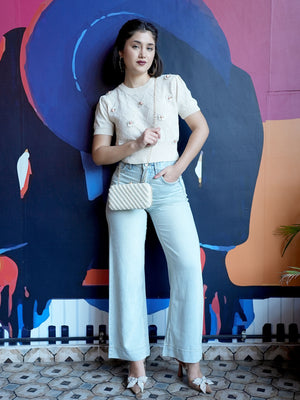 Rajwada Off White Jute Beads Embellished Clutch For Women