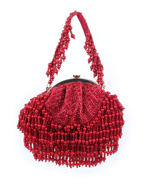 Odette Red Velvet Embellished Hand Bag For Women