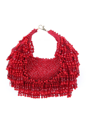 Odette Red Velvet Embellished Hand Bag For Women
