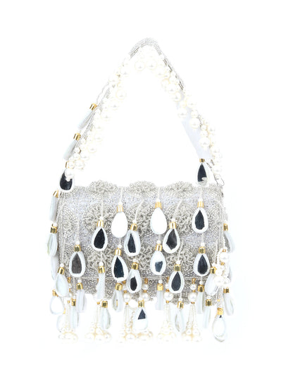 Rajwada Silver Suede Embellished Hand Bag For Women