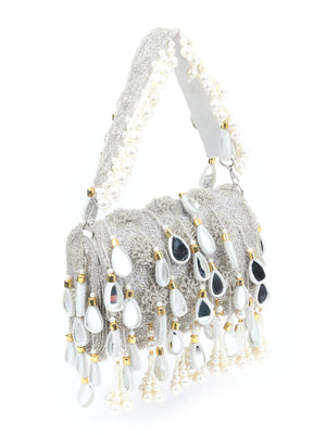Rajwada Silver Suede Embellished Hand Bag For Women