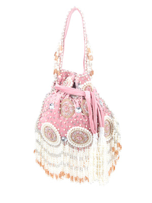 Rajwada Light Pink Suede Embellished Potli For Women