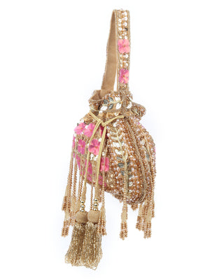 Rajwada Beige Suede Embellished Potli For Women