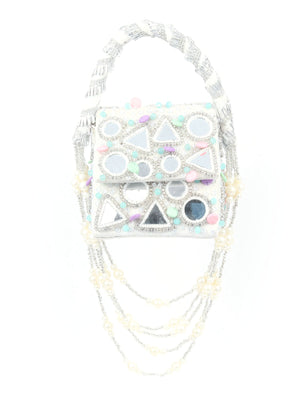 Rajwada White Velvet Embellished Hand Bag For Women