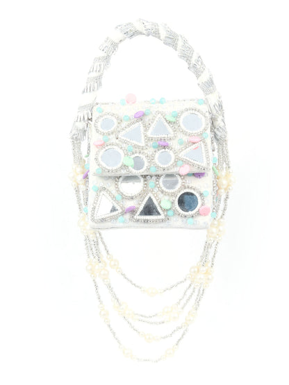 Rajwada White Velvet Embellished Hand Bag For Women