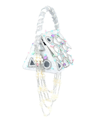 Rajwada White Velvet Embellished Hand Bag For Women