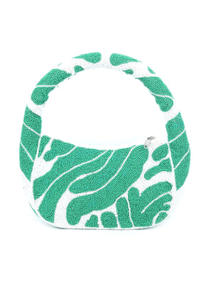 Rajwada Green And White Cotton Blend Beaded Hand Bag For Women