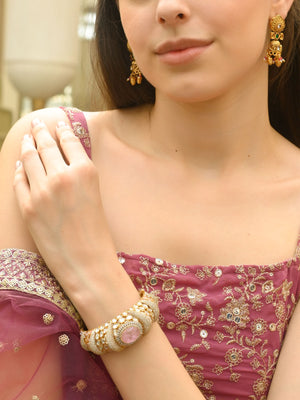 Rajwada Gold And Pink Mixed Metal Embellished Bracelets For Women