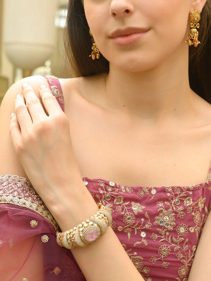 Rajwada Gold And Pink Mixed Metal Embellished Bracelets For Women