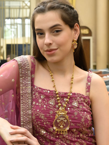 Rajwada Gold And Pink Mixed Metal Embellished Neck Piece Set For Women