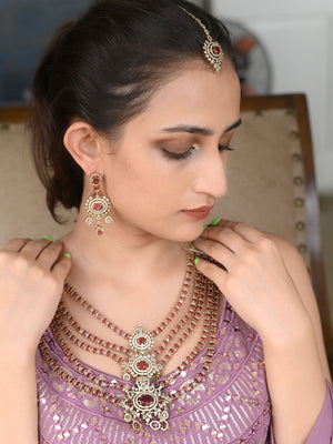 Rajwada Pink Mixed Metal Embellished Gold Plated Neckpiece Set For Women