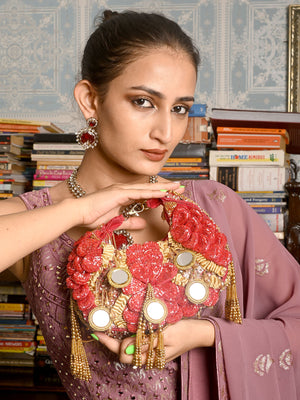 Rajwada Red Flower Embellished Tasseled Clutch For Women