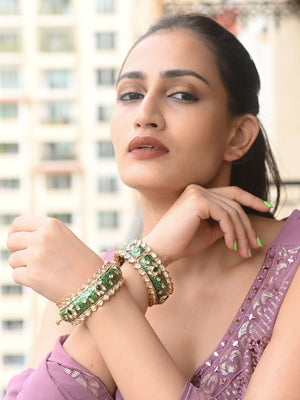 Rajwada Green Gold Plated Kundan Bangles For Women