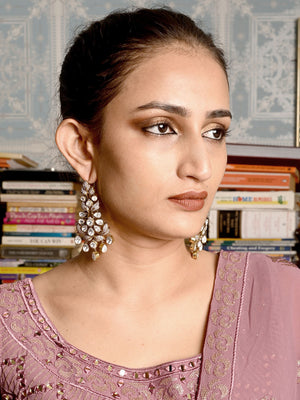 Rajwada Pink Kundan Gold Plated Dangler Earrings For Women